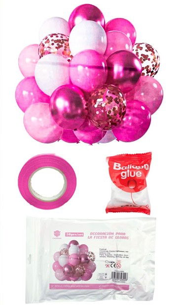 SET 52 GLOBOS LATEX/CHROME/STANDARD/CONFETTI CINTA+PUNTO PEG. ROSA