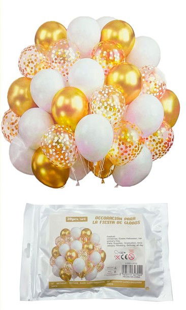 SET 30 PCS GLOBO LATEX CHROME/PERLADO/STANDARD/CONFETTI/CINTA DORADO