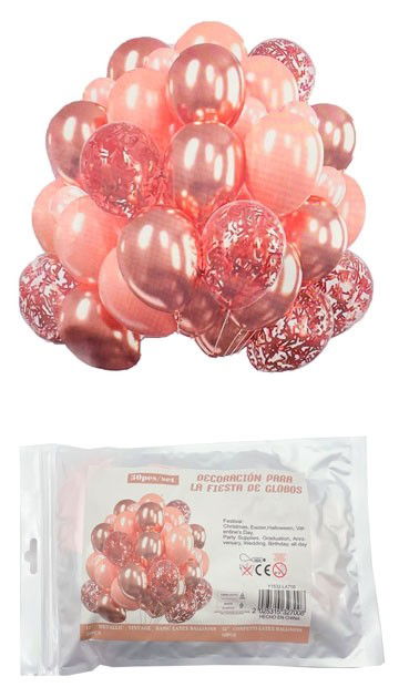 SET 30 PCS GLOBO LATEX CHROME/PERLADO/STANDARD/CONFETTI/CINTA ROSA GOLD/SALMON