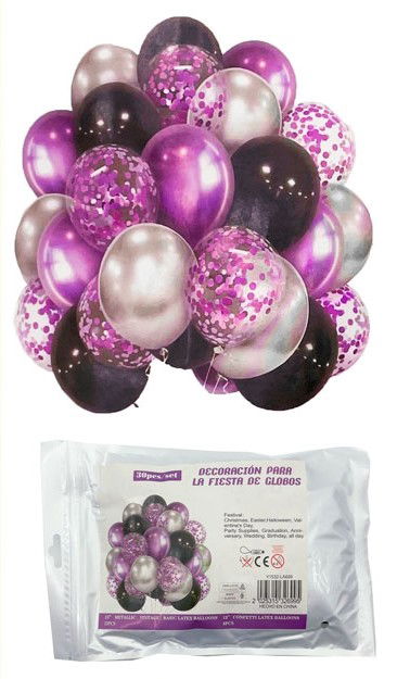 SET 30 PCS GLOBO LATEX CHROME/PERLADO/STANDARD/CONFETTI/CINTA VIOLETA