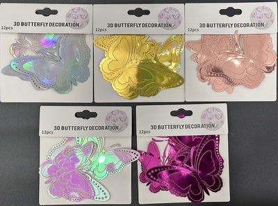 MARIPOSA 3D ADHESIVA METALIZADA X 12 U (VARIOS COLORES)