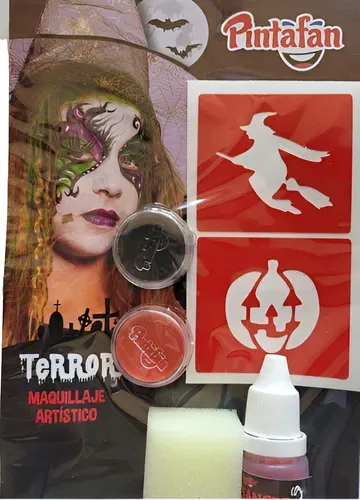 SET MAQUILLAJE BRUJA CON SANGRE Y STENCIL HALLOWEEN