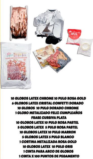 SET SUPER GUIRNALDA DE GLOBOS C/CORTINA METALIZADA FELIZ CUMPLEAÑOS ROSA/PLATA 65PCS