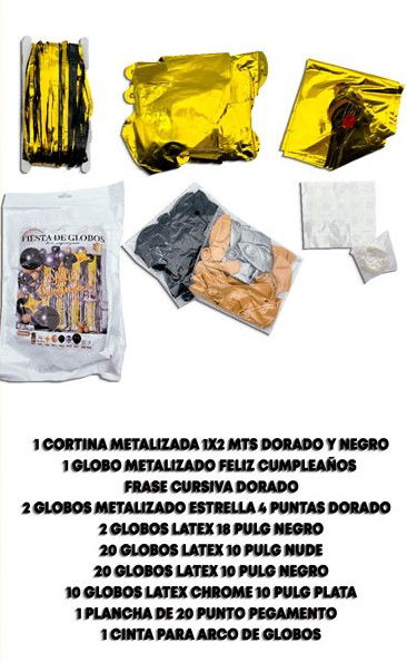 SET SUPER GUIRNALDA GLOBO C/CORTINA BICOLOR FELIZ CUMPLEAÑOS CHROME DORADO/NEGRO 58PCS