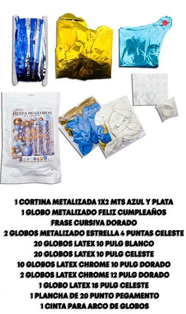 SET SUPER GUIRNALDA DE GLOBOS C/CORTINA METAL. FELIZ CUMPLEAÑOS CELESTE DORADO 59PCS