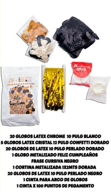 SET SUPER GUIRNALDA DE GLOBOS C/CORTINA METAL. FELIZ CUMPLEAÑOS DORADO NEGRO 69PCS