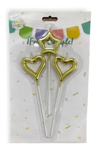 VELA CORAZON Y ESTRELLA METALIZADA CON PALITO 15 CM X 3U DORADO