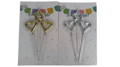 VELA CORAZON Y ESTRELLA METALIZADA CON PALITO 15 CM X 3U ROSA GOLD