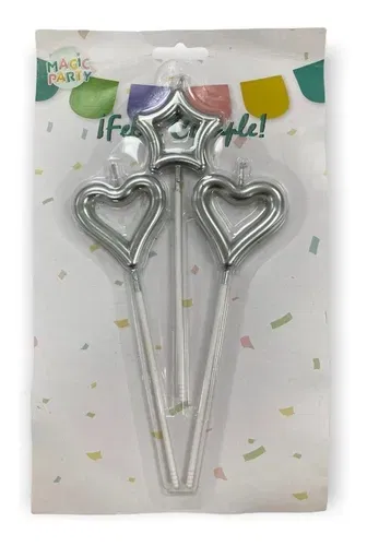 VELA CORAZON Y ESTRELLA METALIZADA CON PALITO 15 CM X 3U PLATEADO