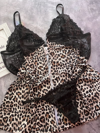 Camisolín de encaje y modal estampado de animal print y less regulable (abierto adelante) 