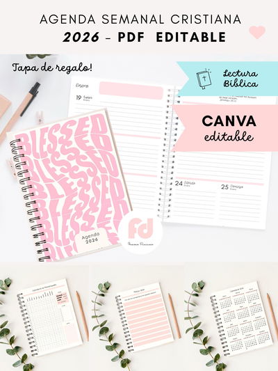 AGENDA SEMANAL EDITABLE EN CANVA 2026- FECHADA- TAPA DE REGALO