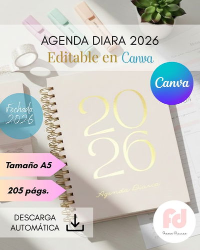 AGENDA DIARIA 2026- Editable en Canva- ARCHIVO DIGITAL