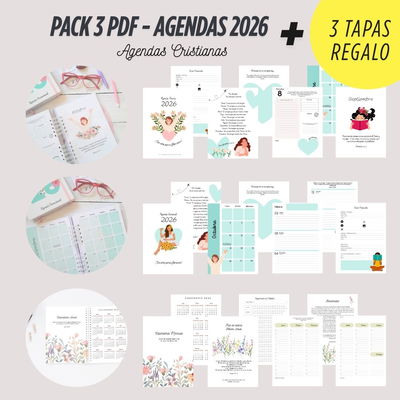 PACK DE 3 PDF AGENDAS 2026 CRISTIANAS (TURQUESA) + 3 TAPAS - ARCHIVO DIGITAL