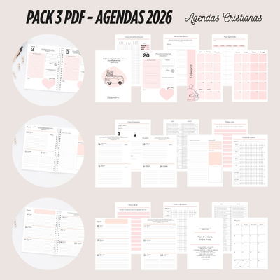 PACK DE 3 PDF AGENDAS 2026 CRISTIANAS + 3 TAPAS - ARCHIVO DIGITAL