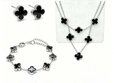 Aros + Collar + Pulsera Acero Trébol 
