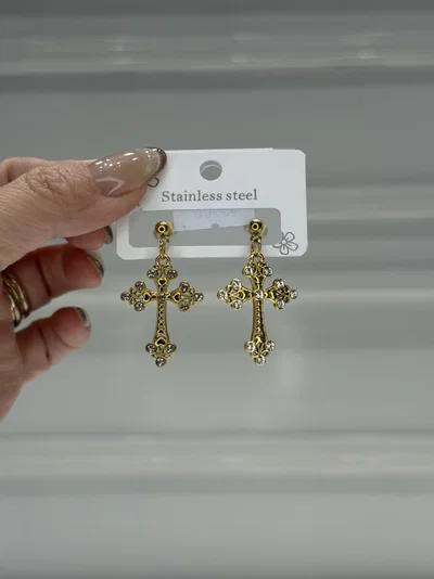 Aros Acero Plateado y Dorado Cruz Strass