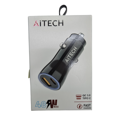 Cargador para Auto 48W Carga Rápida QC 3.0 + USB-C Aitech – Adaptador 12V