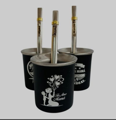 Mate Acero + bombilla grabado Mamá  x 3 unidades 