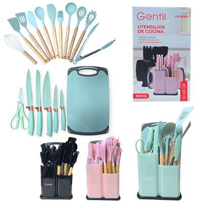 SET X19 UTENSILIOS COCINA MANGO MADERA GENTIL