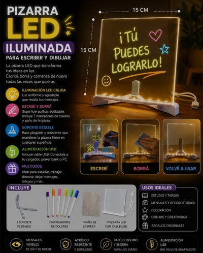 PIZARRA LED ACRILICA C/ MARCADORES 15X15CM