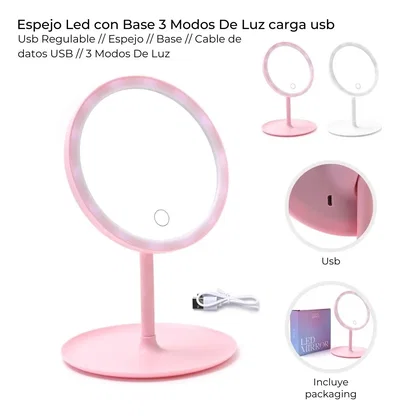 ESPEJO DE MAQUILLAJE c/LUZ LED BASE RECARGABLE