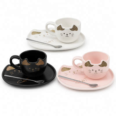 Set Taza Cerámica con Plato y Cuchara 200 ml