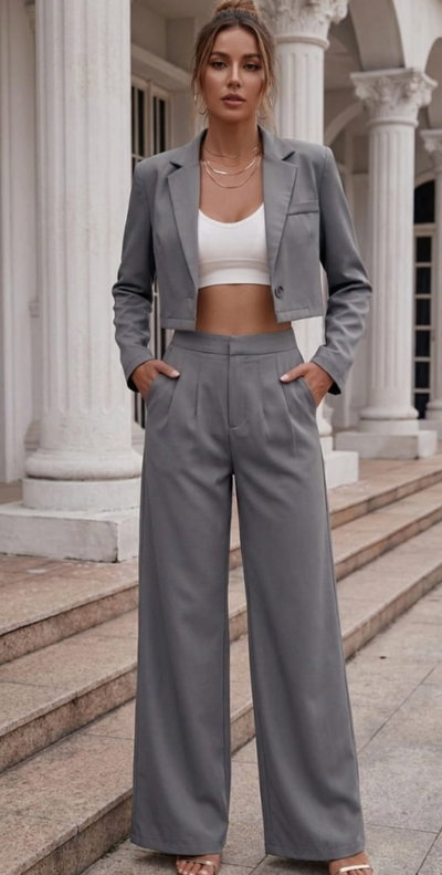 CONJUNTO CREP SASTRERO BLAZER CORTO Y PANTALÓN 