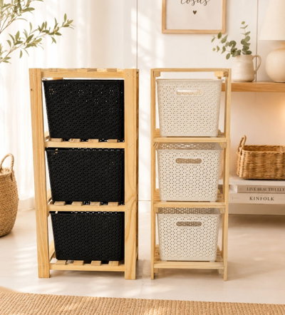 Organizador de Madera con 3 Canastos Plásticos