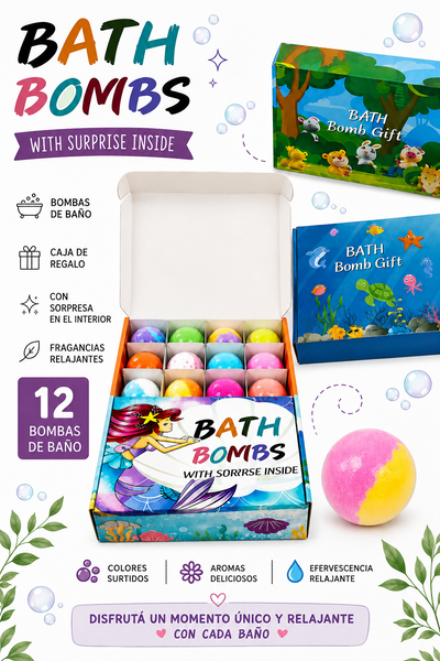 CAJA X 12 BOMBAS DE BAÑO INFANTILES CON JUGUETE SORPRESA 