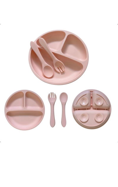 Set De Alimentación De Silicona Anticaída Con Cubiertos Rosa