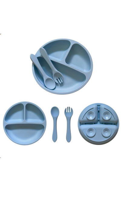 Set De Alimentación De Silicona Anticaída Con Cubiertos Celeste