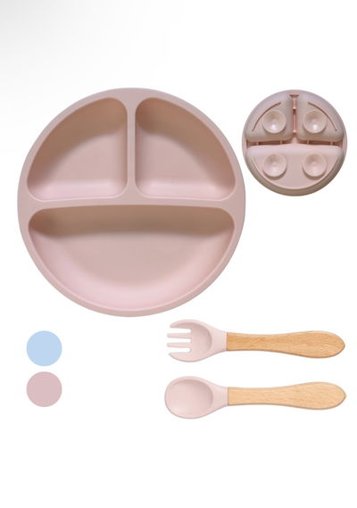 Set Alimentación Silicona Anticaída Con Cubiertos Rosa 