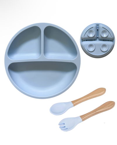 Set Alimentación Silicona Anticaída Con Cubiertos Azul 