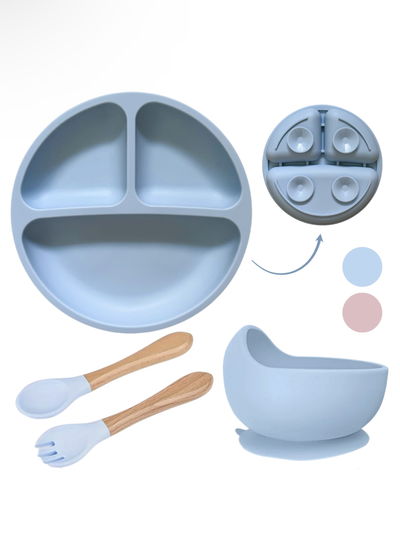 Set Alimentación Silicona Anticaída Con Cubiertos y Bowl Azul 