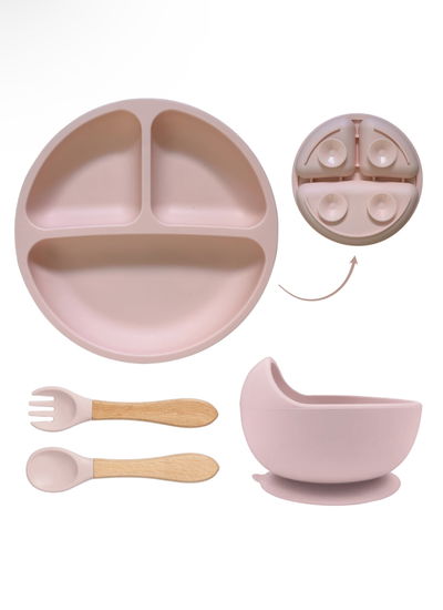 Set Alimentación Silicona Anticaída Con Cubiertos y Bowl Rosa 