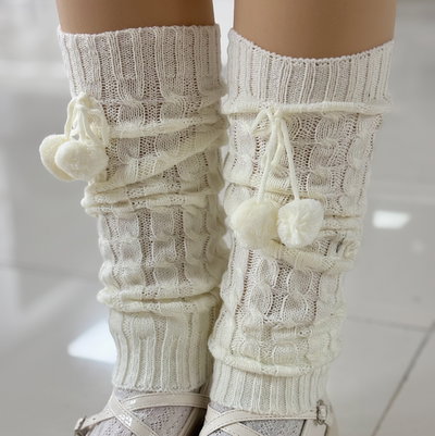 Polainas tejidas con pompon (blanco)