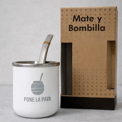 Mate de Acero Inoxidable Blanco con bombilla .