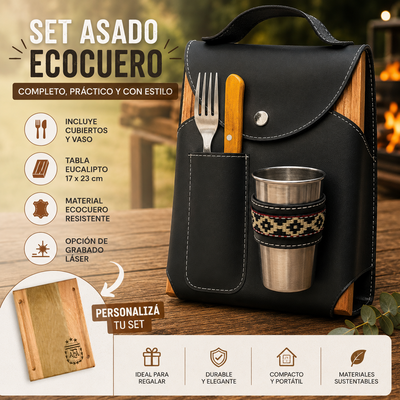 Set asado con vaso y cubiertos. Opción de grabado laser