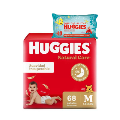 Pañal Huggies Natural Care Ahorropack M x 68 + toallas húmedas sirenita x 48