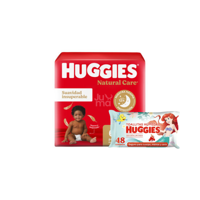 Pañal Huggies Natural Care ahorropack G x 60 + toallas húmedas Sirenita x 48