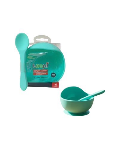 Set De Alimentación Bowl De Silicona + Cuchara Loopi 