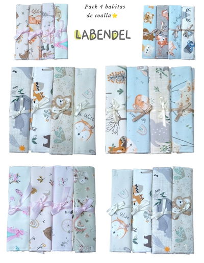 Set de 4 babitas estampadas con toalla