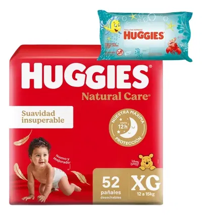 Pañal Huggies Natural Care Ahorropack XG x 52 + toallas húmedas Sirenita x 48