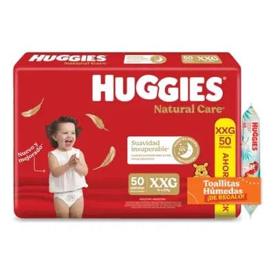 Pañal Huggies Natural Care ahorropack XXG x 50 + toallas húmedas Sirenita x 48