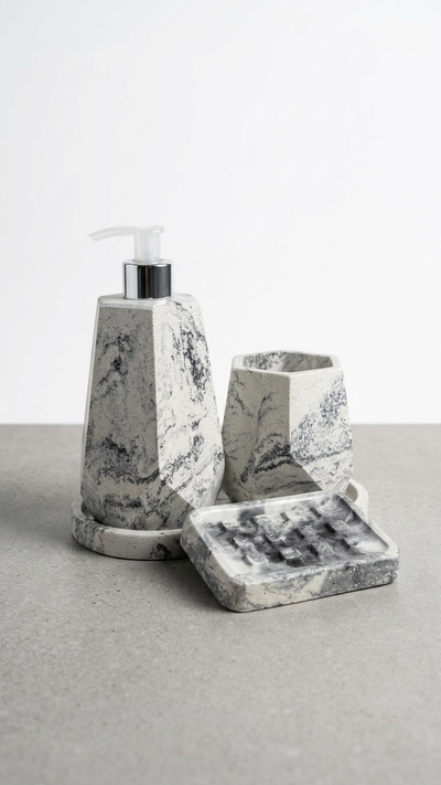 Set de Baño 4 Piezas en Cemento Símil Mármol