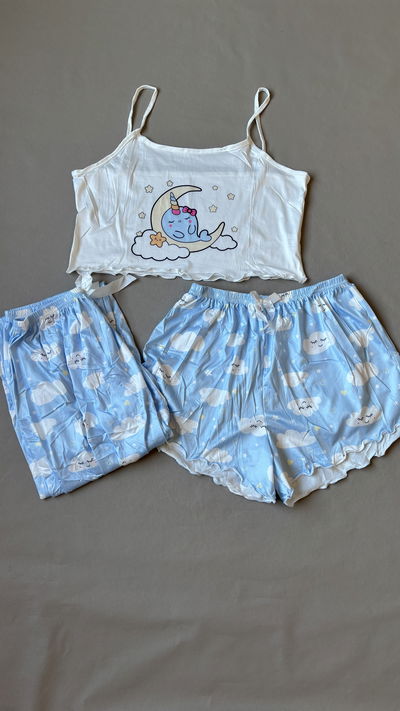 Pijama top + short + pantalón largo