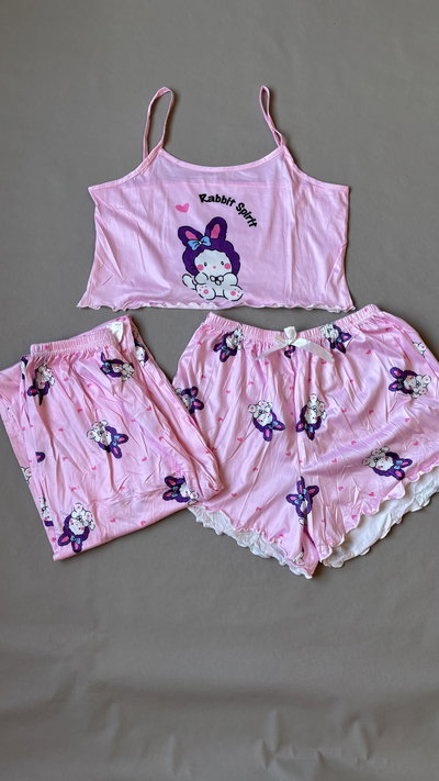 Pijama top + short + pantalón largo