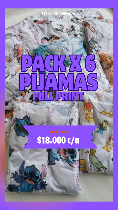 Pack x 6 pijamas animados FULL PRINT adultos 