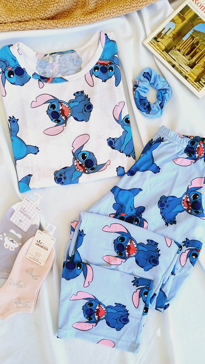 PIJAMA STITCH CELESTE Y BLANCO