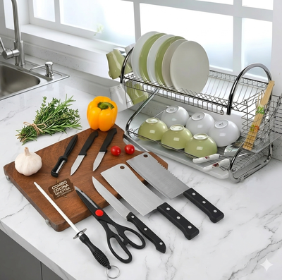Combo Escurridor de 15 Platos 2 Pisos + Set 8 Piezas de Cuchillos + Afilador + PelaPapas